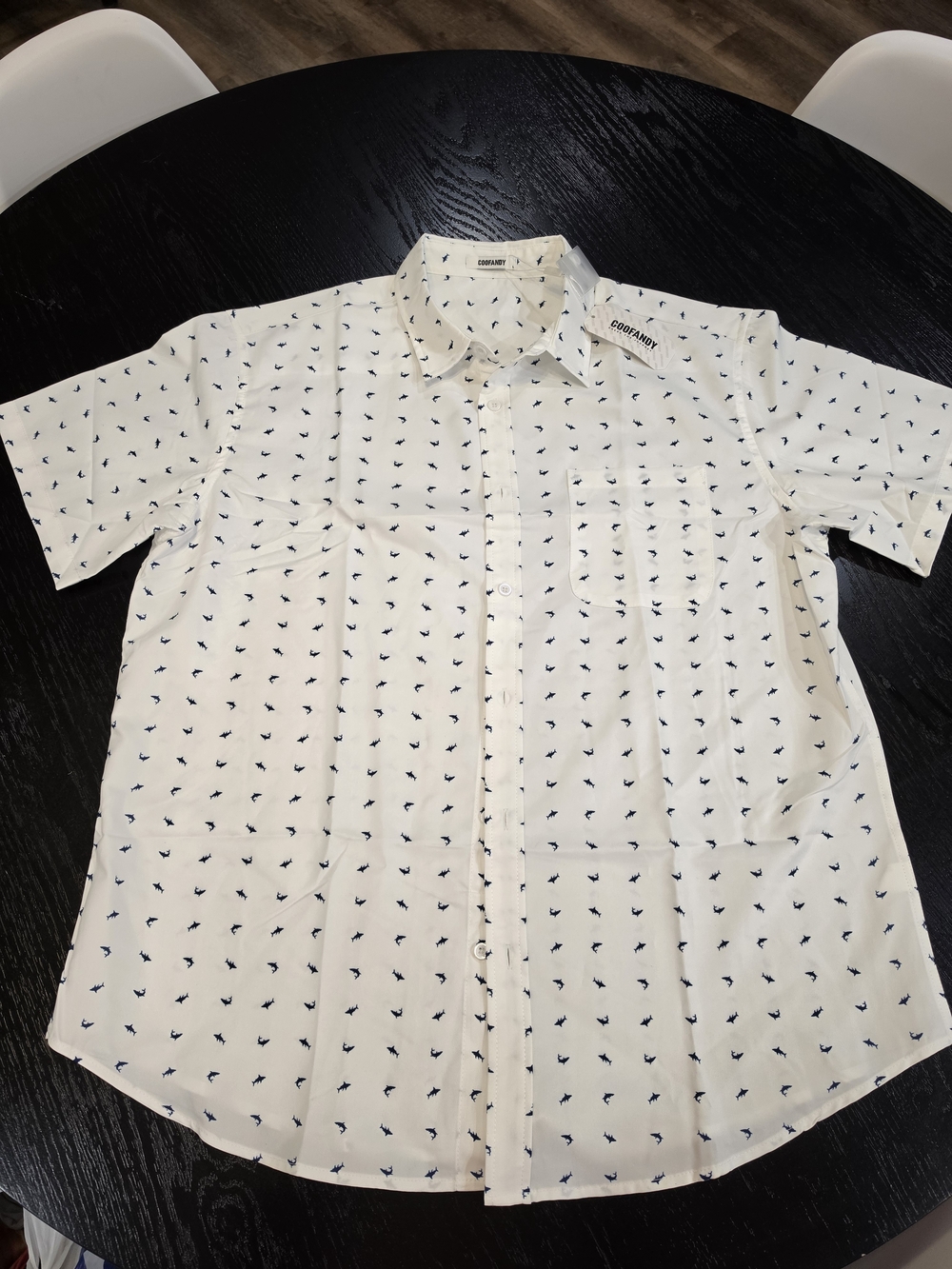 Men’s White Short-Sleeve Button-Up Shirt with Navy Micro Print